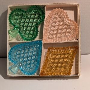 Vintage Bohemian glass card suit dishes with box. Pink, Green, Yellow And Blue.